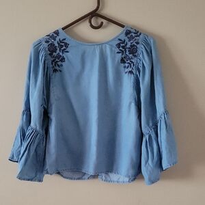 Hollister Blue Flutter Sleeve Blouse with Embellished Details